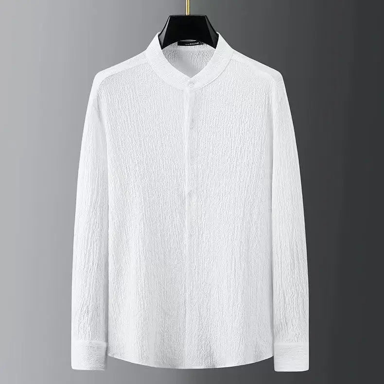 7XL Spring Summer New Fashion Men Set Long Sleeve Casual Shirts And Pant Seersucker Striped Pleats Slim Handsome Two-piece Suit