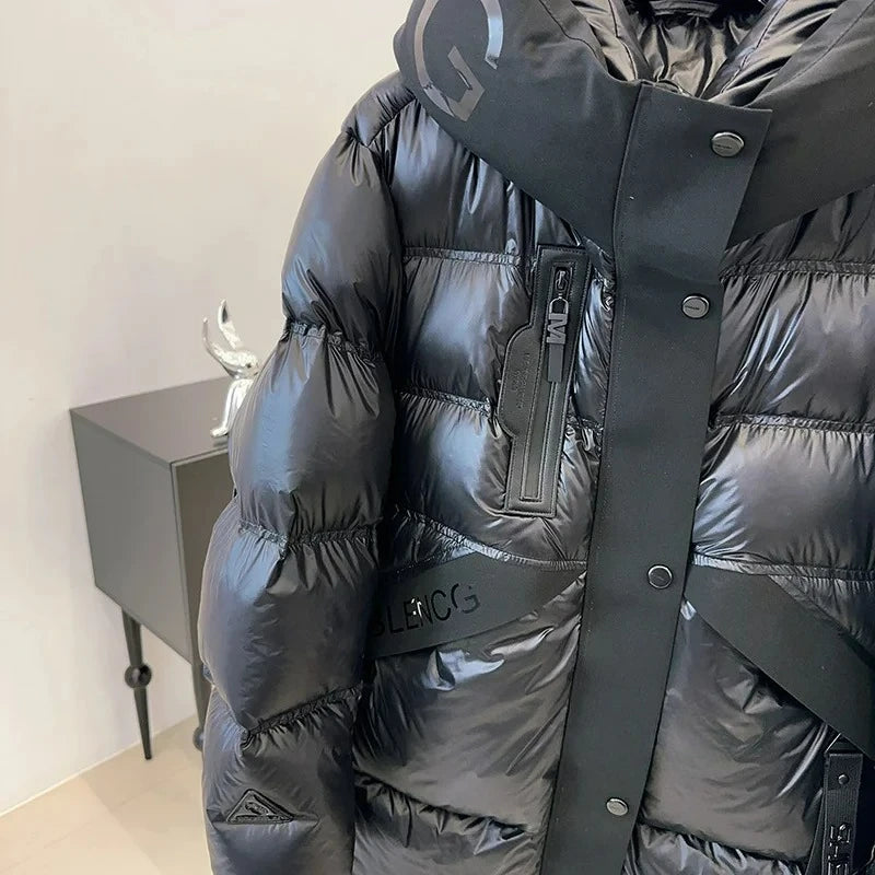 2025 Black Glossy Puffer Jacket Winter Women Thick Warm 90% White Duck Down Coat Hooded Female Loose Street Outwear New