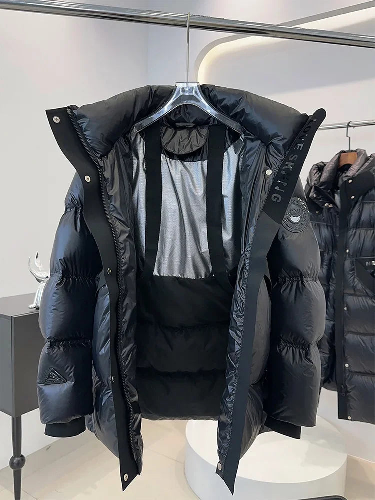 2025 Black Glossy Puffer Jacket Winter Women Thick Warm 90% White Duck Down Coat Hooded Female Loose Street Outwear New
