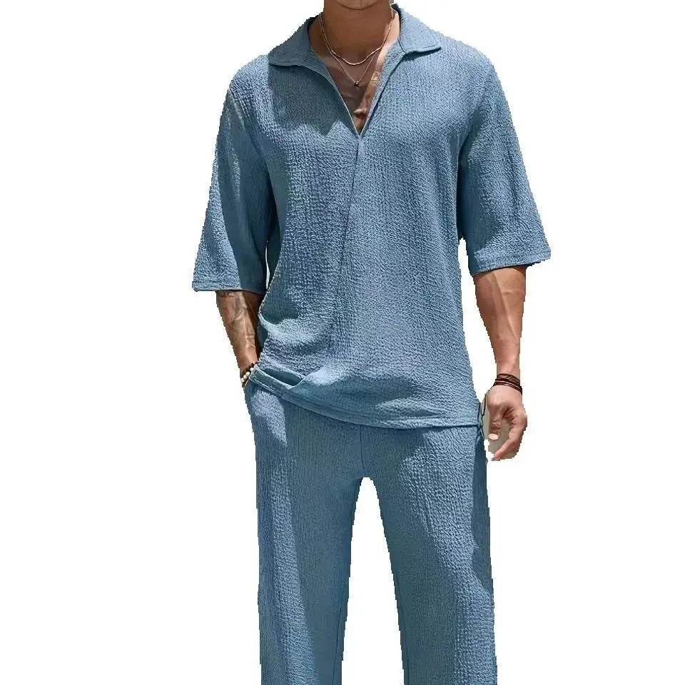 2025 Europe and the United States spring new commuter men's casual shirt solid color half sleeve trousers two-piece suit