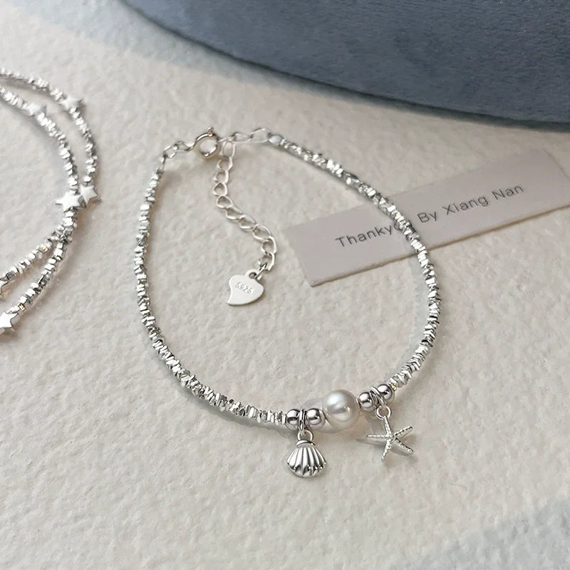 925 Sterling Silver Pearl Shell Starfish Shattered Silver Bracelet for Women Fine Jewelry Accessories Gift