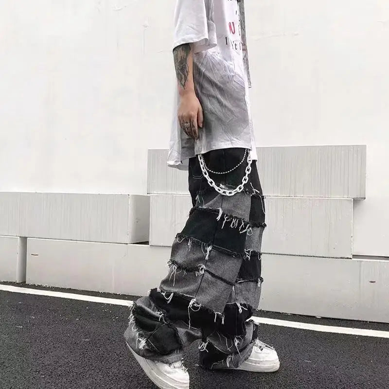 American New High Street Antique Tassel Jeans for Men, Dropped Wide Leg Hip Hop Lazy Long Pants