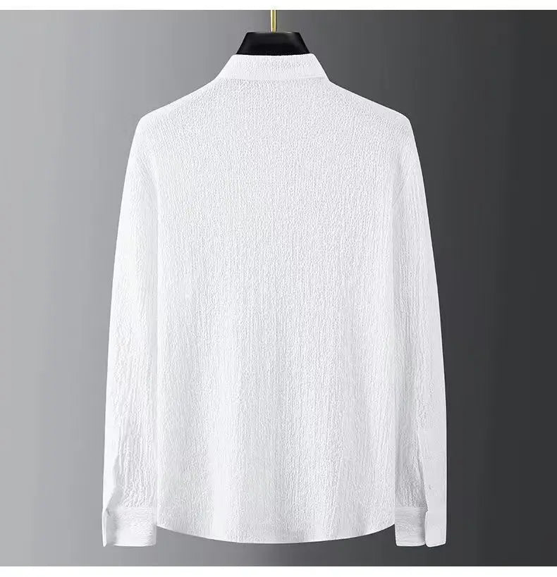 7XL Spring Summer New Fashion Men Set Long Sleeve Casual Shirts And Pant Seersucker Striped Pleats Slim Handsome Two-piece Suit