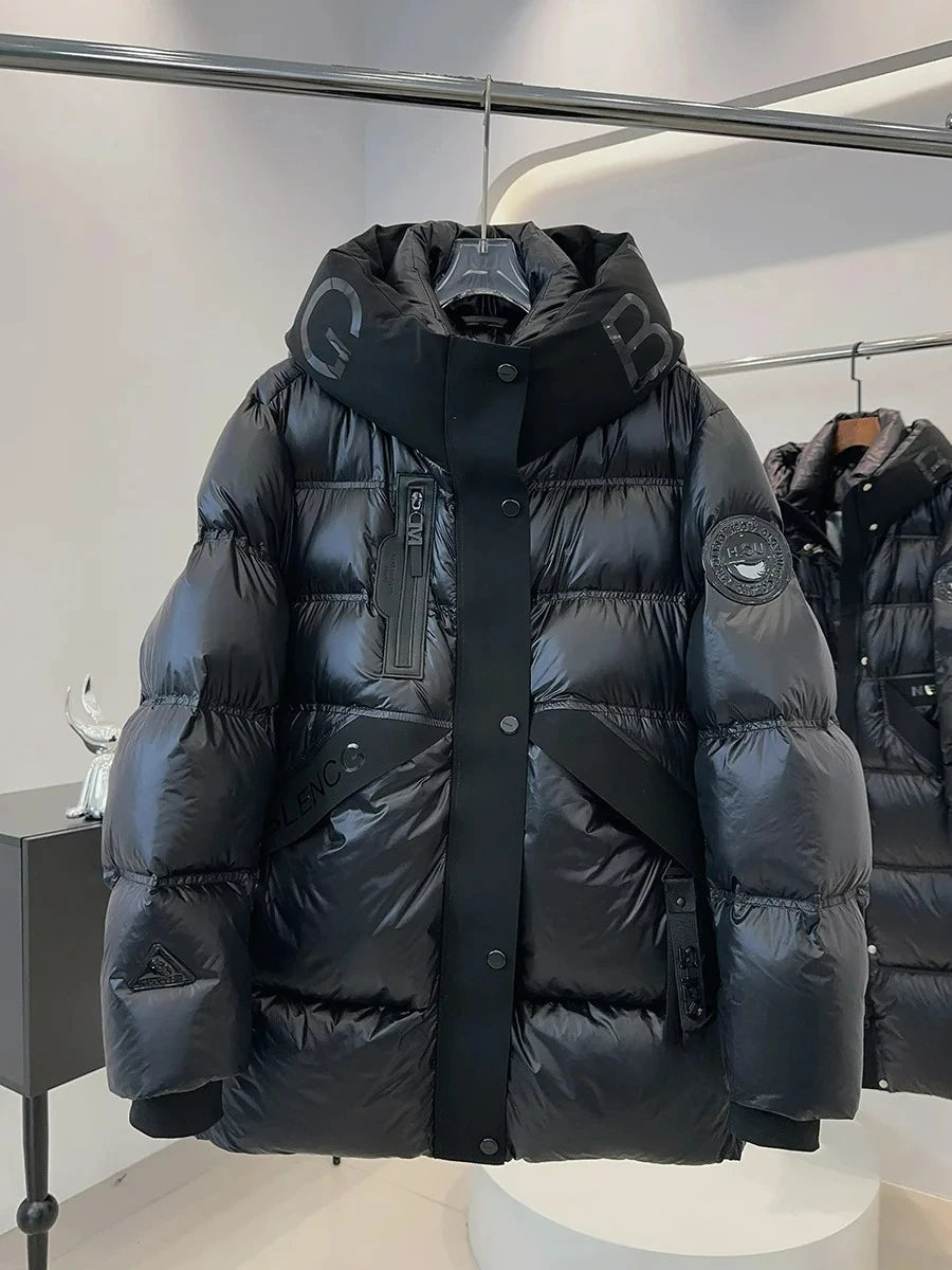 2025 Black Glossy Puffer Jacket Winter Women Thick Warm 90% White Duck Down Coat Hooded Female Loose Street Outwear New