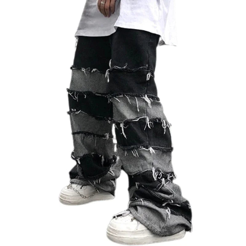 American New High Street Antique Tassel Jeans for Men, Dropped Wide Leg Hip Hop Lazy Long Pants