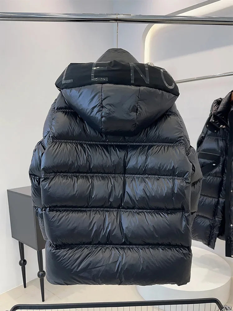 2025 Black Glossy Puffer Jacket Winter Women Thick Warm 90% White Duck Down Coat Hooded Female Loose Street Outwear New