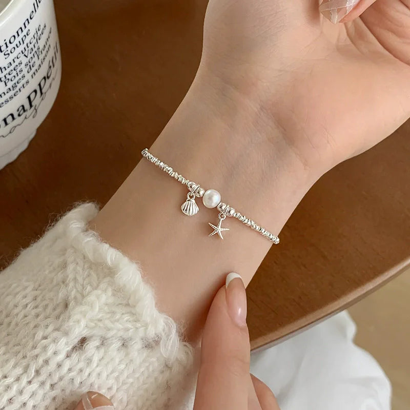 925 Sterling Silver Pearl Shell Starfish Shattered Silver Bracelet for Women Fine Jewelry Accessories Gift