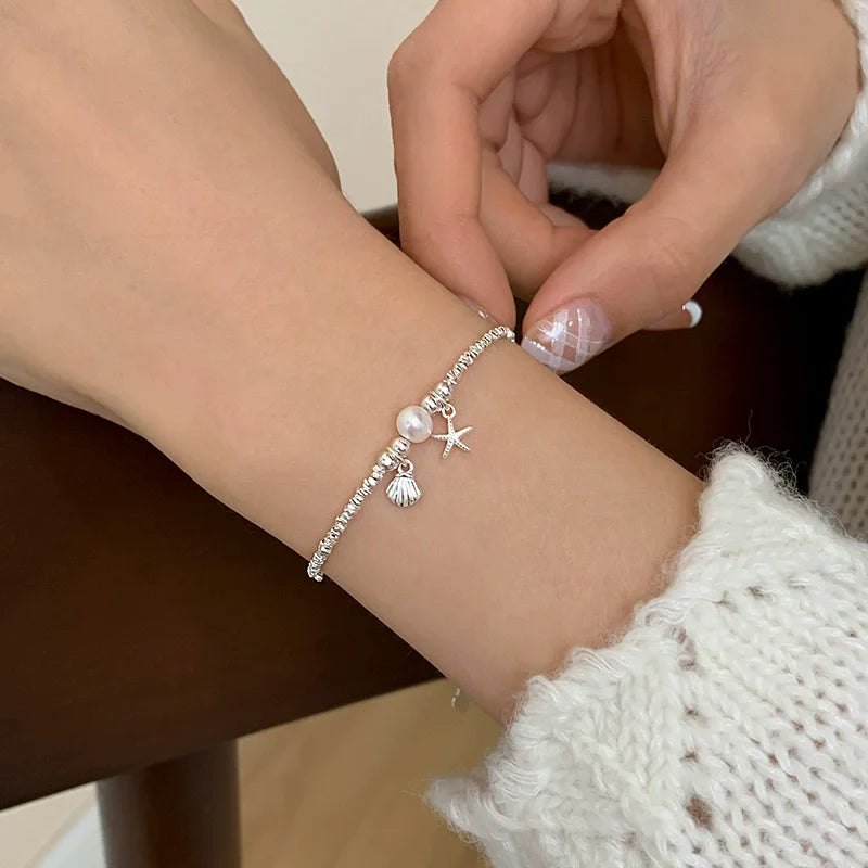 925 Sterling Silver Pearl Shell Starfish Shattered Silver Bracelet for Women Fine Jewelry Accessories Gift