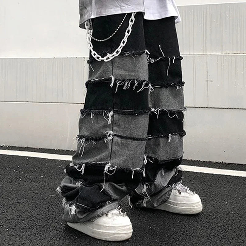 American New High Street Antique Tassel Jeans for Men, Dropped Wide Leg Hip Hop Lazy Long Pants