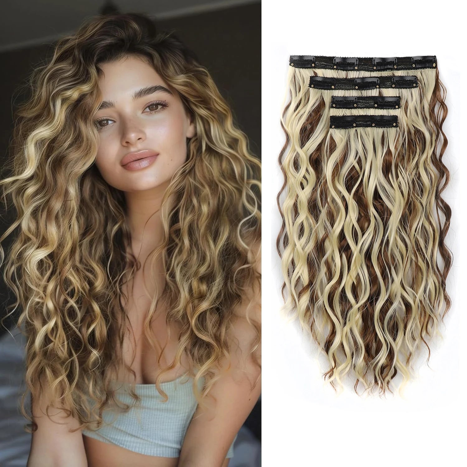 4-Piece Set of 11 Clip-In Hair Extensions, Clip-In Hair Extensions, 12 Inch Synthetic Clip-In Short Soft Natural Wigs High-Tempe