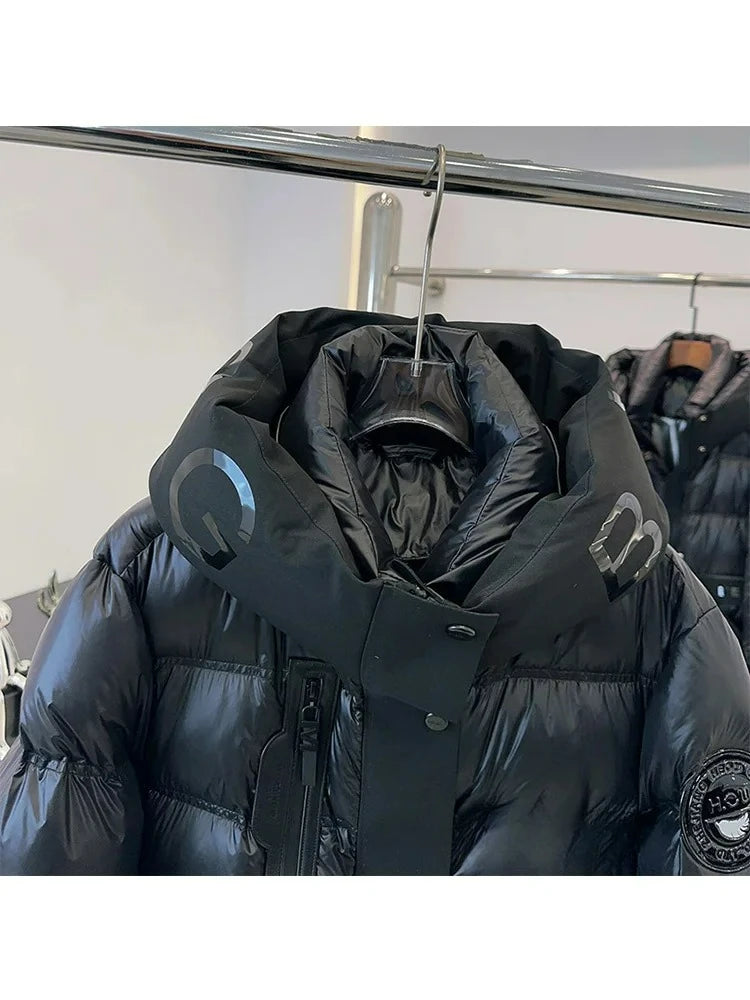 2025 Black Glossy Puffer Jacket Winter Women Thick Warm 90% White Duck Down Coat Hooded Female Loose Street Outwear New