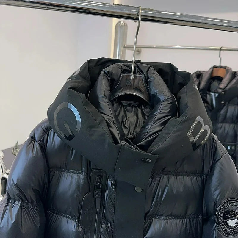 2025 Black Glossy Puffer Jacket Winter Women Thick Warm 90% White Duck Down Coat Hooded Female Loose Street Outwear New