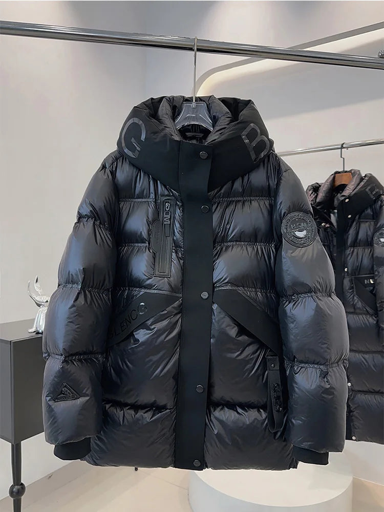 2025 Black Glossy Puffer Jacket Winter Women Thick Warm 90% White Duck Down Coat Hooded Female Loose Street Outwear New