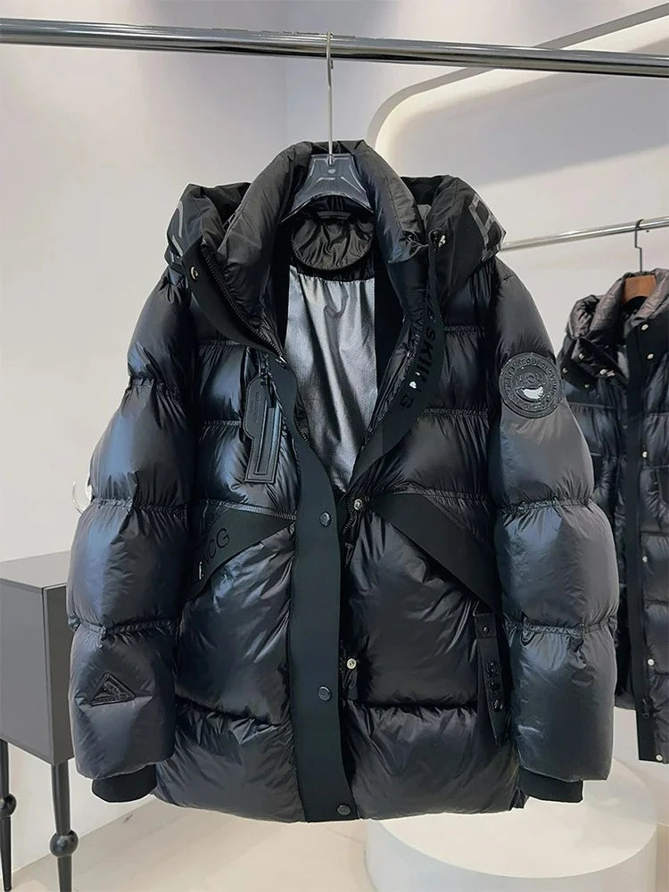 2025 Black Glossy Puffer Jacket Winter Women Thick Warm 90% White Duck Down Coat Hooded Female Loose Street Outwear New