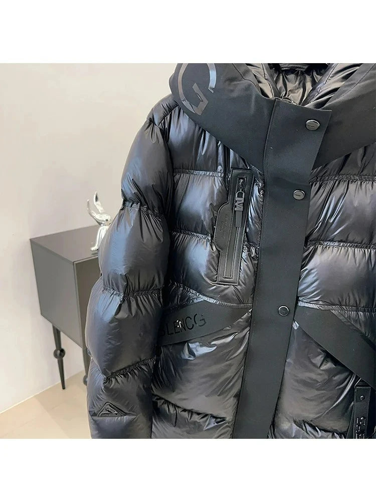 2025 Black Glossy Puffer Jacket Winter Women Thick Warm 90% White Duck Down Coat Hooded Female Loose Street Outwear New