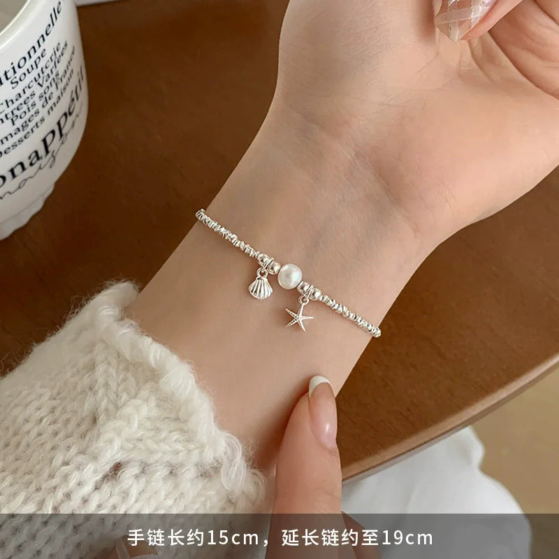 925 Sterling Silver Pearl Shell Starfish Shattered Silver Bracelet for Women Fine Jewelry Accessories Gift