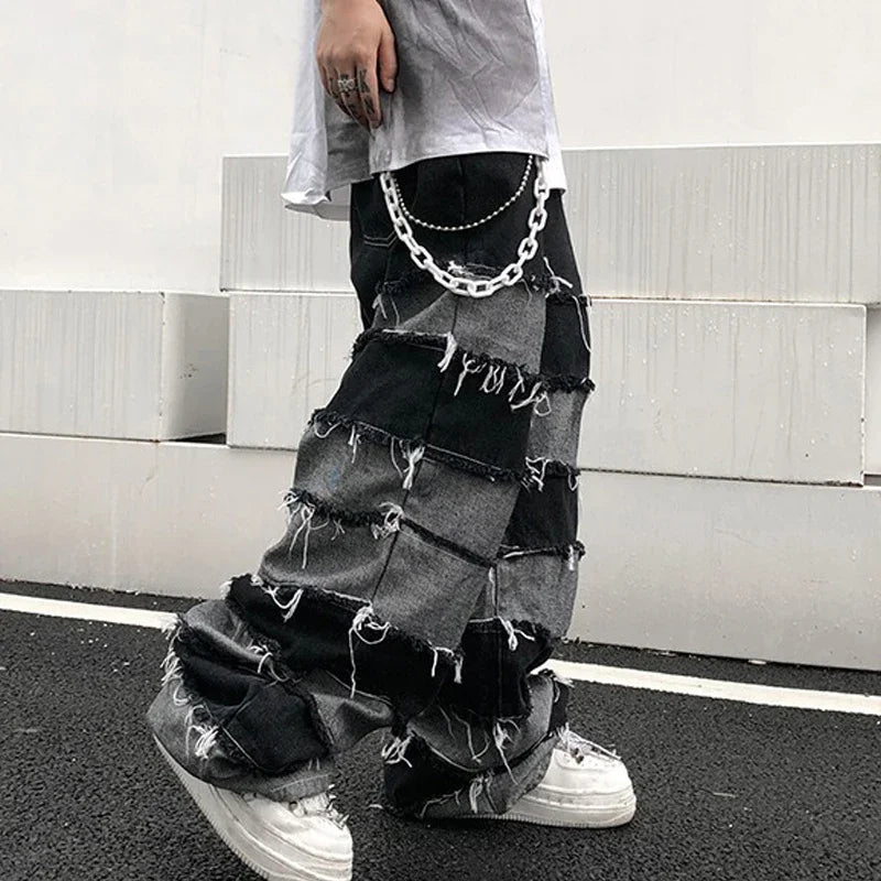 American New High Street Antique Tassel Jeans for Men, Dropped Wide Leg Hip Hop Lazy Long Pants