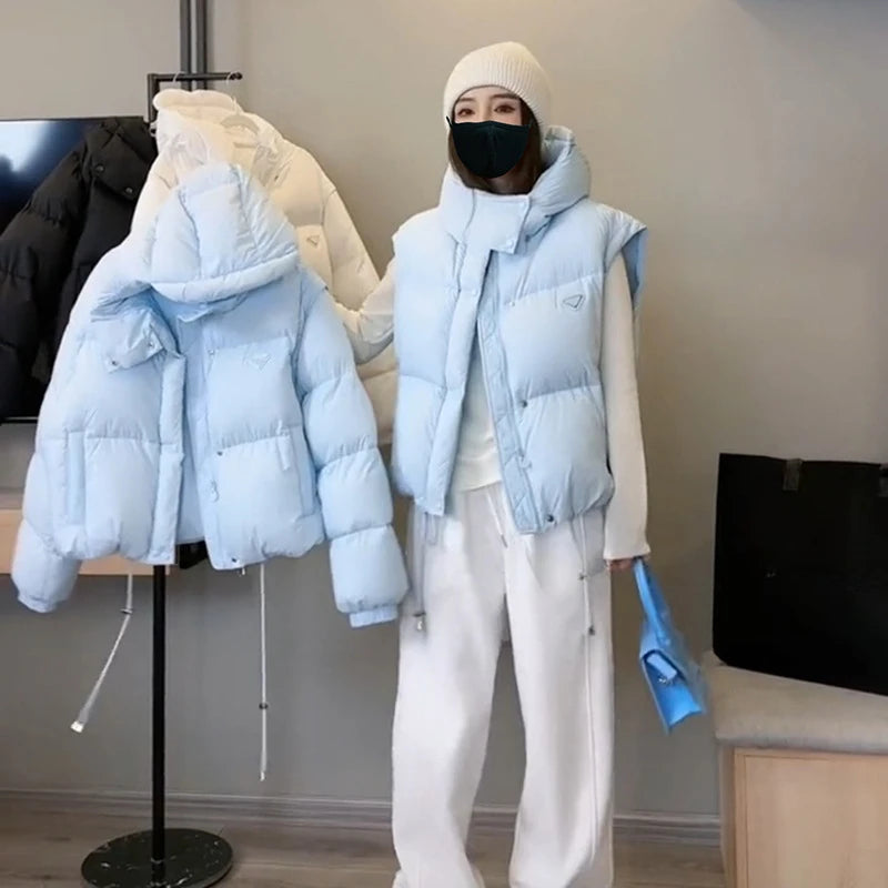 Autumn and Winter New Women's Down Jacket Detachable Double-sleeved Hooded Jacket 2024 New Wave Loose Leisure Women's Parka Coat