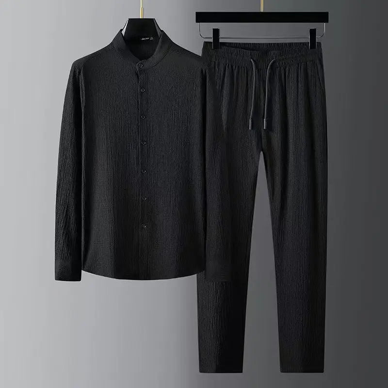 7XL Spring Summer New Fashion Men Set Long Sleeve Casual Shirts And Pant Seersucker Striped Pleats Slim Handsome Two-piece Suit