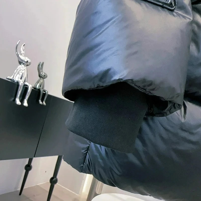 2025 Black Glossy Puffer Jacket Winter Women Thick Warm 90% White Duck Down Coat Hooded Female Loose Street Outwear New