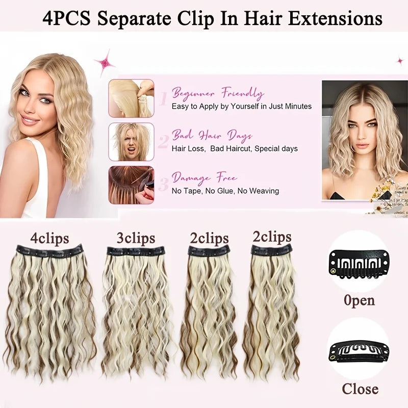 4-Piece Set of 11 Clip-In Hair Extensions, Clip-In Hair Extensions, 12 Inch Synthetic Clip-In Short Soft Natural Wigs High-Tempe