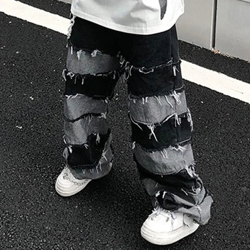 American New High Street Antique Tassel Jeans for Men, Dropped Wide Leg Hip Hop Lazy Long Pants