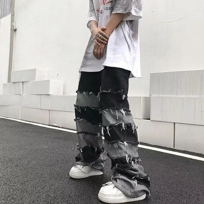 American New High Street Antique Tassel Jeans for Men, Dropped Wide Leg Hip Hop Lazy Long Pants